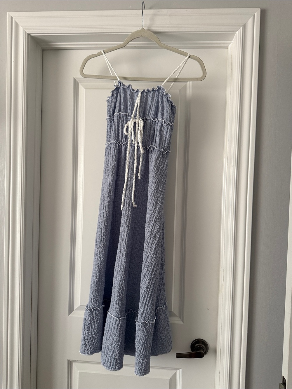 See You Monday Light Blue Ruffled Midi Dress with Tie
